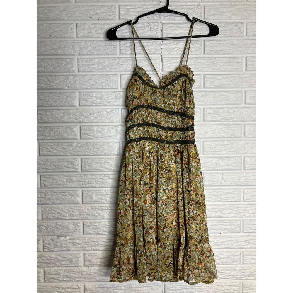 Dress Forum Mini Dress Womens S Green Floral Excellent Lace Up Ruffle FD11205 - Picture 2 of 11